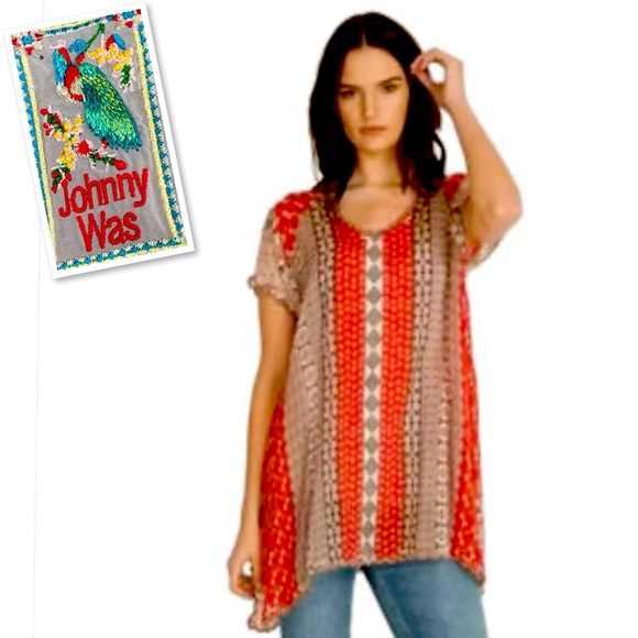 Johnny Was Tops - Johnny Was Embroidered Floral Print Boho Tunic Top – 100% Rayon Red & Gray Sz L